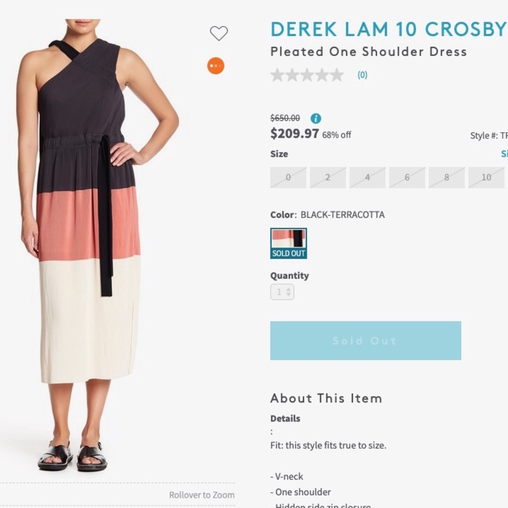 NWT Derek Lam 10 Crosby Pleated One-Shoulder, Sz 8